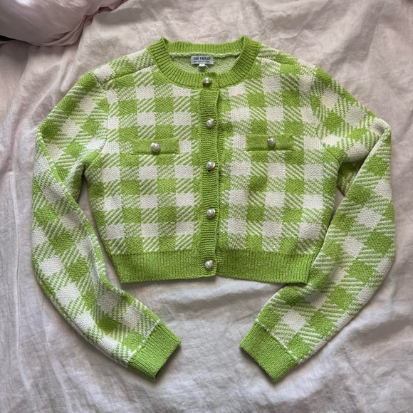 São Paulo Green/White Checkered Cropped Cardigan - Picture 2 of 8